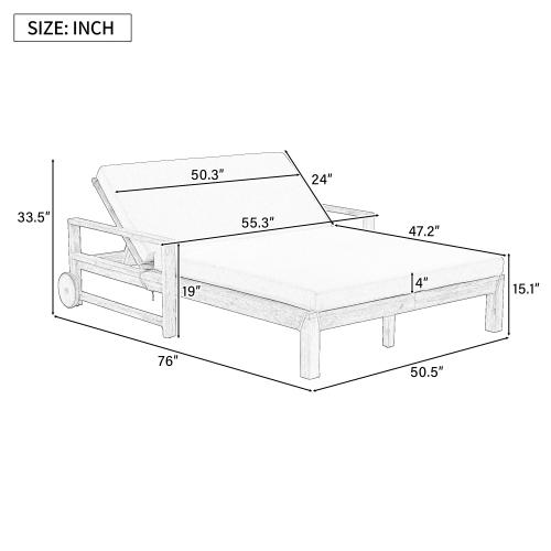 Wood-Frame Outdoor Sunbed with 4-Level Adjustable Backrest, Cushioned Seat, Armrest, 56.7"l x 76.2"w x 33.5"h, 89.2 lbs, 2-Person Lounger for Poolside, Backyard, Outdoor Daybed