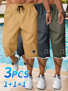 Men’s 3-Pack Fashion Summer Casual Athletic 7/8 Shorts, Adjustable Drawstring Waistband, Suitable for Daily Outdoor Sports and Leisure Activities.