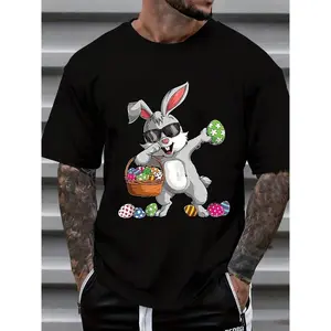 Easter Bunny With Sunglasses Holding Basket Of Colorful Eggs And Easter Eggs On Ground Graphic T Shirt For Men Women Unisex Casual Holiday Apparel Spring Festival Gift Wear