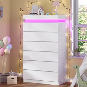 HAUOMS Tall 6 Drawer Dresser with LED Light, White Modern Chest of Drawers for Bedroom,Closet Dressers with Drawers for Living Room, Entryway, Hallway