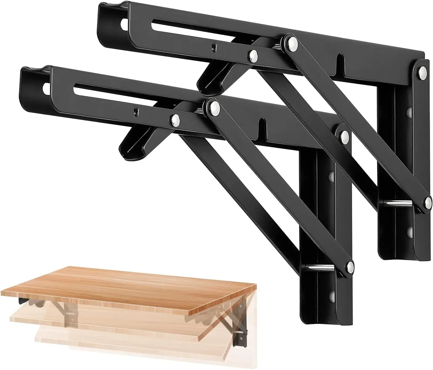 2-Pack 10-Inch Matte Black Folding Shelf Brackets, Collapsible Wall-Mount Supports for Shelves, Tables, Benches, Laundry Rooms and Garages