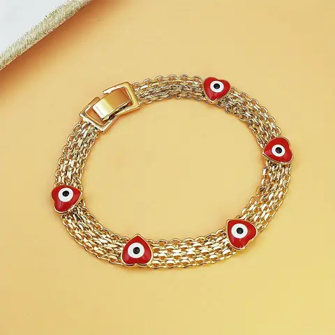 Women's Boho-Chic Beaded Sports Wristband - Golden-Tone Wide Copper Chain, Evil Eye Symbol, Red Charms, Adjustable Beaded Design, Trendy Stack Bangle, Luxe Vibe, Standout Style, Warm Glow Daily Wear Jewellery Accessory