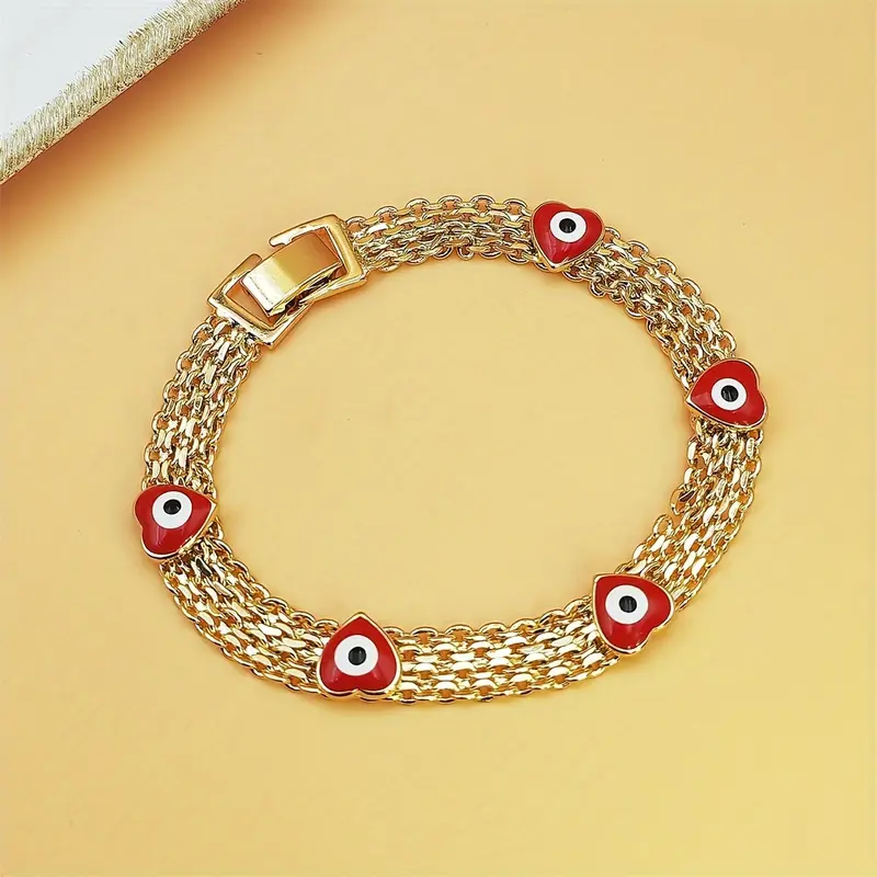 Women's Boho-Chic Beaded Sports Wristband - Golden-Tone Wide Copper Chain, Evil Eye Symbol, Red Charms, Adjustable Beaded Design, Trendy Stack Bangle, Luxe Vibe, Standout Style, Warm Glow Daily Wear Jewellery Accessory