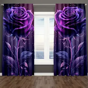 Waterdrop Rose Print Curtains Set, Fashionable Home Decoration Curtain Rod Pocket Window Drapes for Bedroom & Living Room, Comfortable Atmosphere, Easy Installation