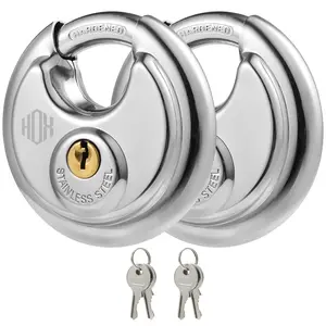 HOX 2 Pack Keyed-Alike Disc Padlock, Hardened Steel Shackle Security Lock, Corrosion-Resistant Heavy-Duty Waterproof All-Seasons Outdoor Lock for Gates, Hasp Latches, 3/8in Shackle, 2-3/4in Wide Body Door Security Keyed Padlocks