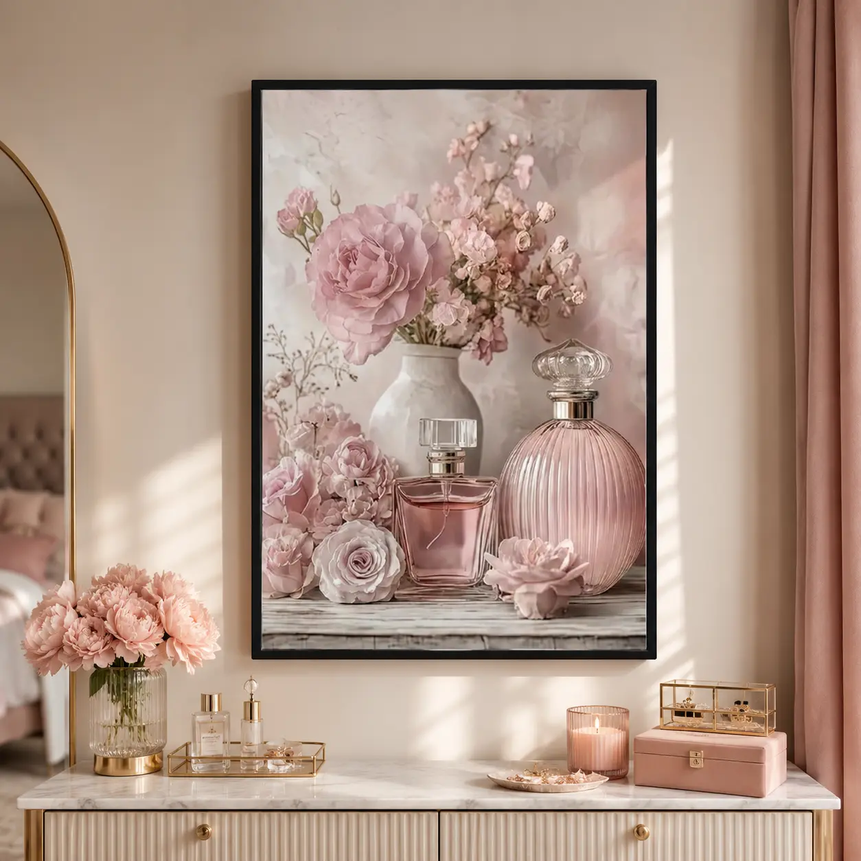 A Vintage Floral Perfume Bottle Canvas Wall Art - Soft Pink Roses in Light Pink Floral Decoration with Wrapped Wooden Frame Canvas Painting - Home Decor - Country Style, Shabby Chic, Farmhouse Decor - Perfect Choi Bathroom Wall Art
