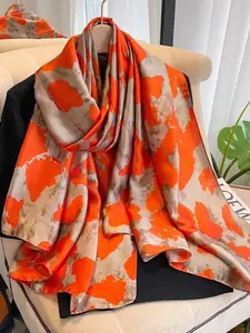 Women's Random Print Silk Blanket Scarf, Lightweight Multi-use Boho Style Shawl for Beach & Travel, Fashion Accessories for Daily Wear