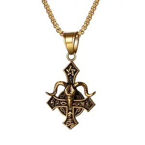 Inverted Cross Necklace: Gothic Goat Head Upside Down Cross Pendant Necklace Jewelry Gifts for Mens Womens