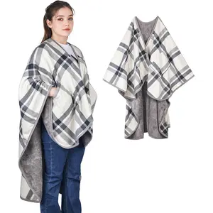Wearable Blanket Poncho With Pockets And Buttons, Flannel Shawl Wrap Blanket For Women Soft And Warm