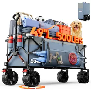 49" L Collapsible Extended Wagon with 500lbs Weight Capacity,300L Heavy Duty  Wagon,Big -Terrian Wheels with Cup Holders,Cart for ,Grocery,Shopping(LightBlue)