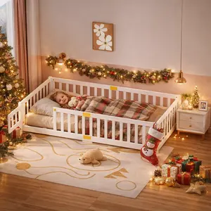 Naudacaa Twin/Full Size Montessori Floor Bed for Kids Solid Wood Frame with Fence Door & Safety Guardrails CPC Certified