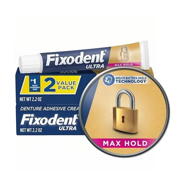 Fixodent Ultra Max Hold Denture Adhesive Cream, 2.2 oz (2-Pack), Strong False Teeth Glue