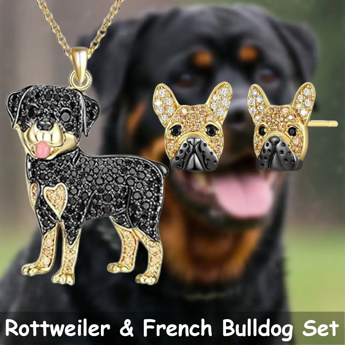 Unisex 3-Piece Cute Animal Costume Jewelry Set - Golden Alloy Rottweiler Pendant Necklace, French Bulldog Earrings, Luxury Daily Wear Gift for Dog Lovers, Christmas Birthday Anniversary Present, Unisex Set, Everyday, Fashion, Set Gift