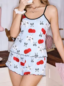 Light Blue Cartoon Cherry Cat Print Tank Top Pajamas Loungewear for Women, Cute Ruffle Homewear Two-Piece Set, Comfortable Sleepwear Pjs, Womenswear