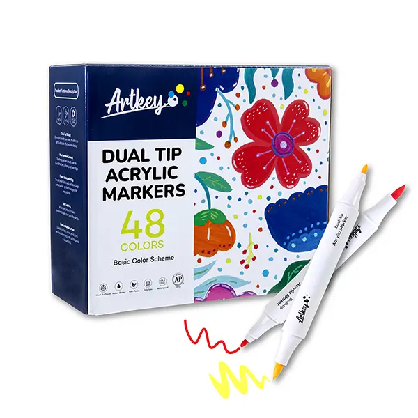 Artkey Acrylic Paint Markers Set, 48-Colors, Dual Tip Paint Pens (Brush & Fine Tip) for Rock Painting, Canvas, Wood, Glass, Ceramic, Stone, Fabric & DIY Crafts
