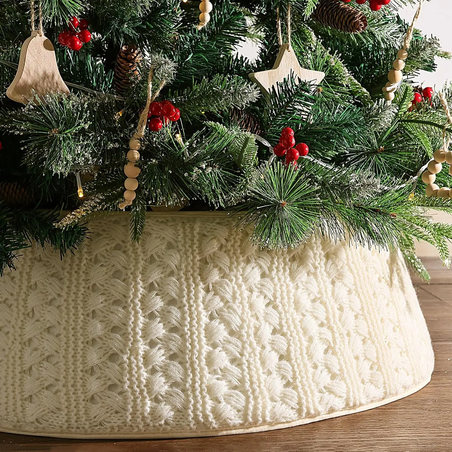 Knitted Christmas Tree Collar: Cream White Basket Weave Knit Christmas Tree Collars for Artificial Trees, Rustic Handmade Tree Ring Tree Skirt Cover Beige Boho Farmhouse Christmas Home Décor