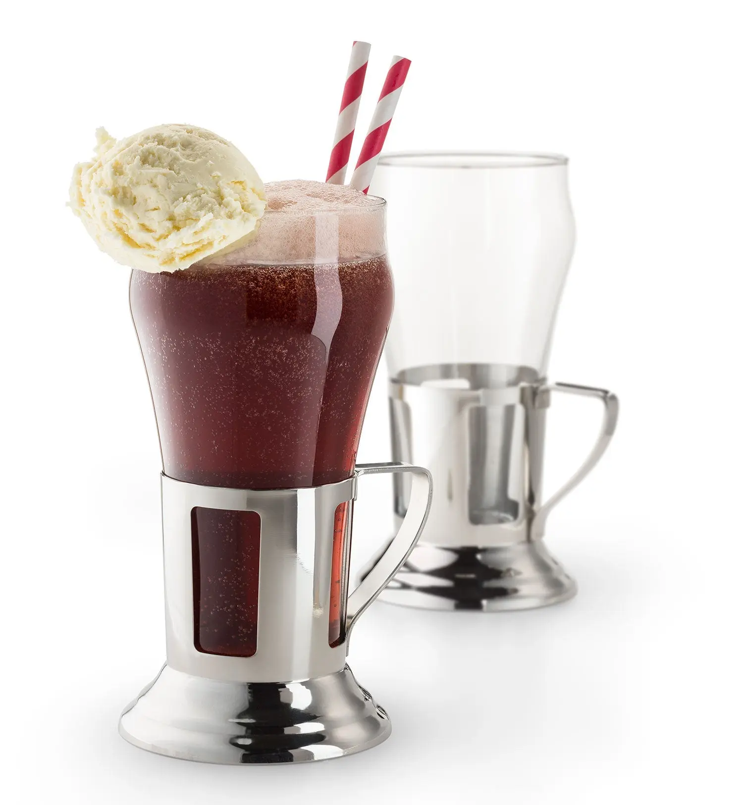 Two 2-Piece Vintage Soda Fountain Service Sets – 1950s-Style Bell-Shaped Glasses with Stainless Steel Handled Holders
