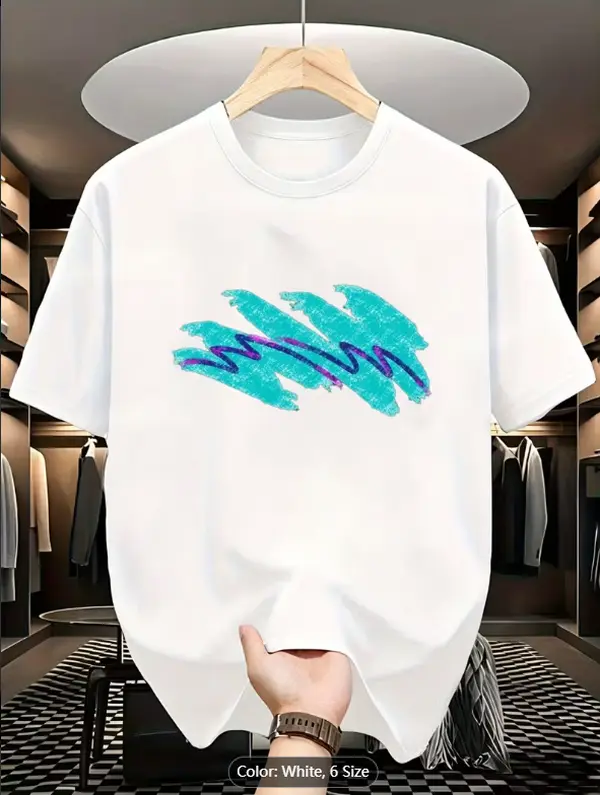 Abstract Ocean Wave Graphic T-Shirt, Dark Grey with Turquoise Blue Print, Soft Breathable, Tee for Everyday, Formal Wear, All-Season Casual Shirt, Minimalist ModernApparel