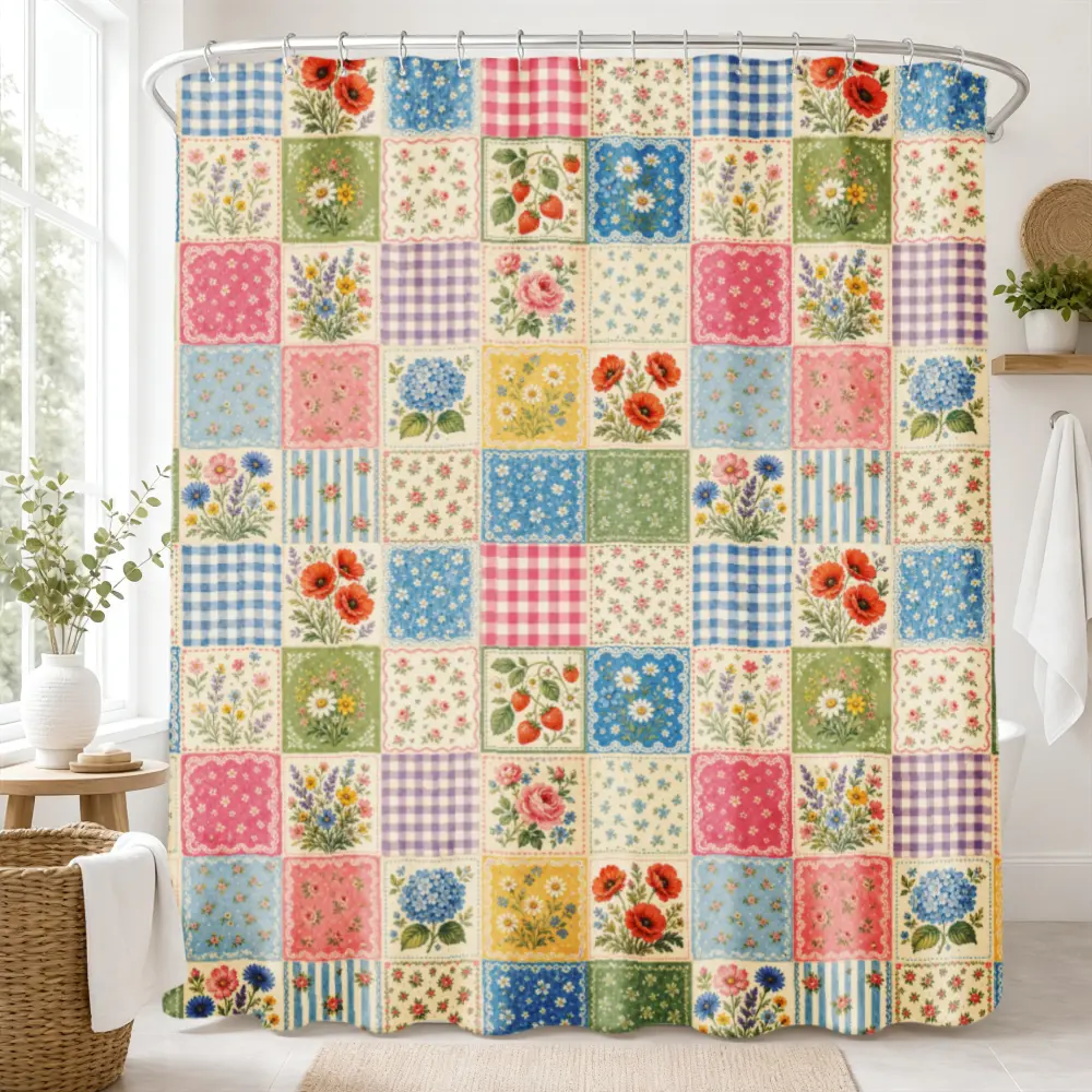 Vintage Floral Patchwork Polyester Decorative Shower Curtain, Multicolor Quilt-Gingham Pattern, Waterproof Lightweight Cottagecore Farmhouse Shower Curtains for Bathroom, Custom Design Available, 12 Standard Hooks Included
