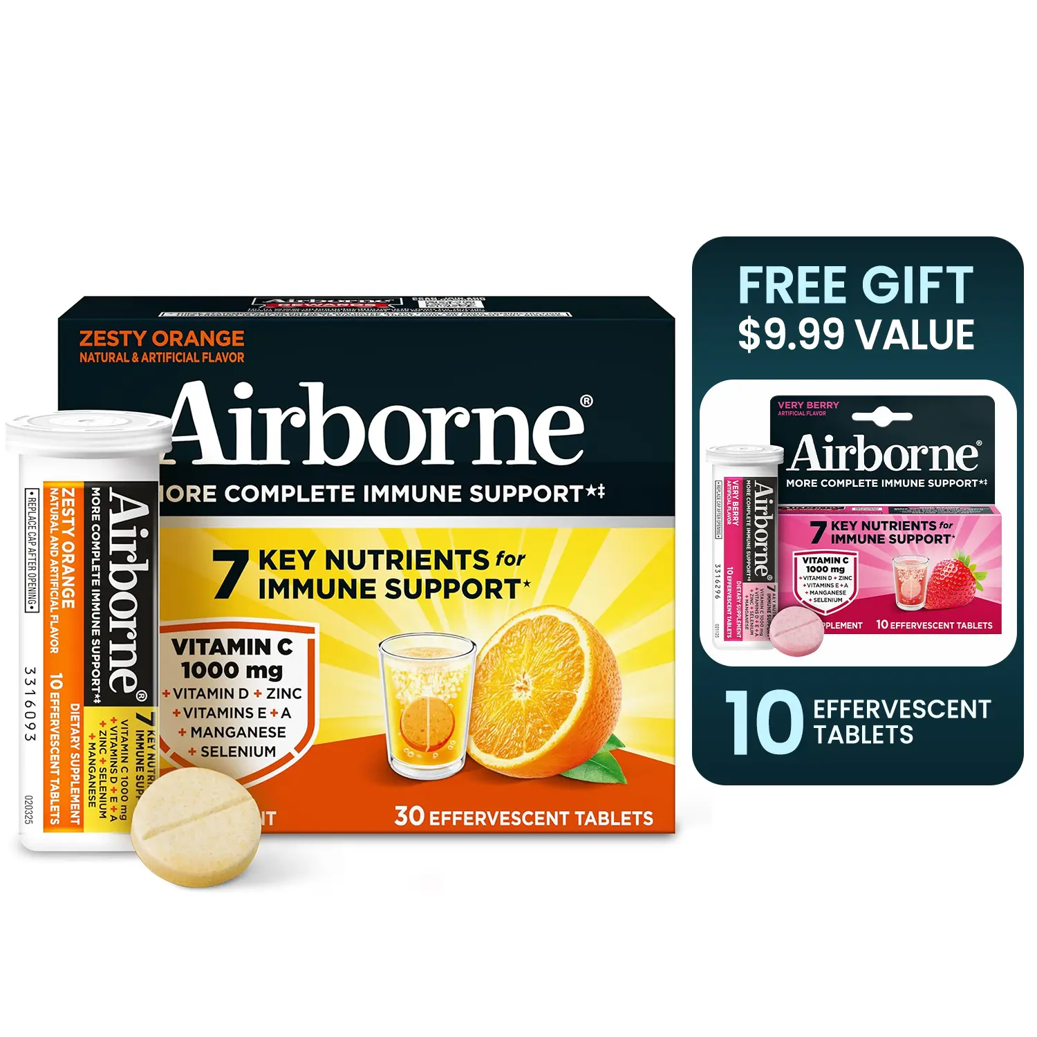 Airborne 1000mg Vitamin C + Zinc Sugar Free Multivitamin Immune Support Effervescent Fizzy Drink Tablets, Zesty Orange Flavor with Powerful Antioxidants Vitamins A C & E, 30 Tablets