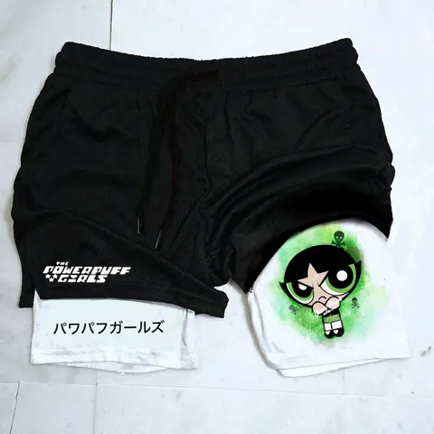 Powerpuff Girls Women's Fit Compression Graphic Athleisure Shorts - Double Layer Polyester, Low-Bounce Activewear, Hero-Inspired Look, Fitted Cut for Athletic Fitness