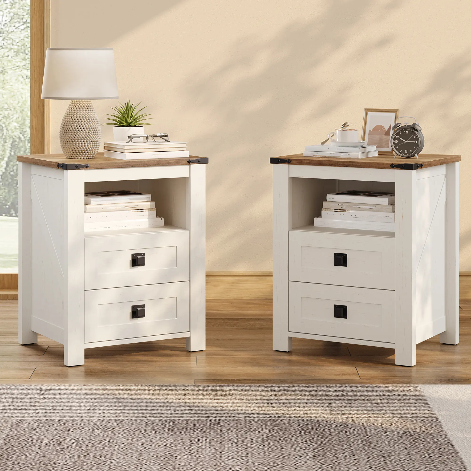 [SummerSale] AMERLIFE 18" Farmhouse Nightstand Set of 2, Wooden Bedside Table with 2 Drawers & Open Shelf, Rustic End Table for Bedroom/Living Room