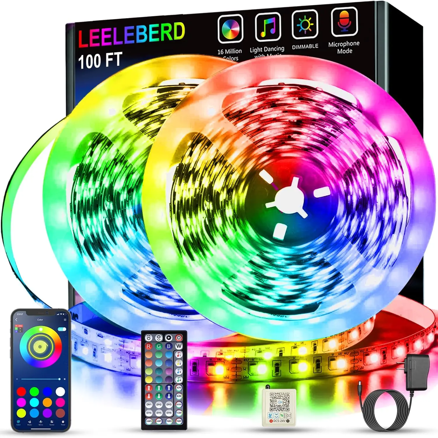 100ft RGB LED Strip Lights for Bedroom, Music Sync Color Changing LED Lights with App & Remote Control, Bluetooth LED Light Strips for Room, Home, Kitchen, Party & Gaming Decor