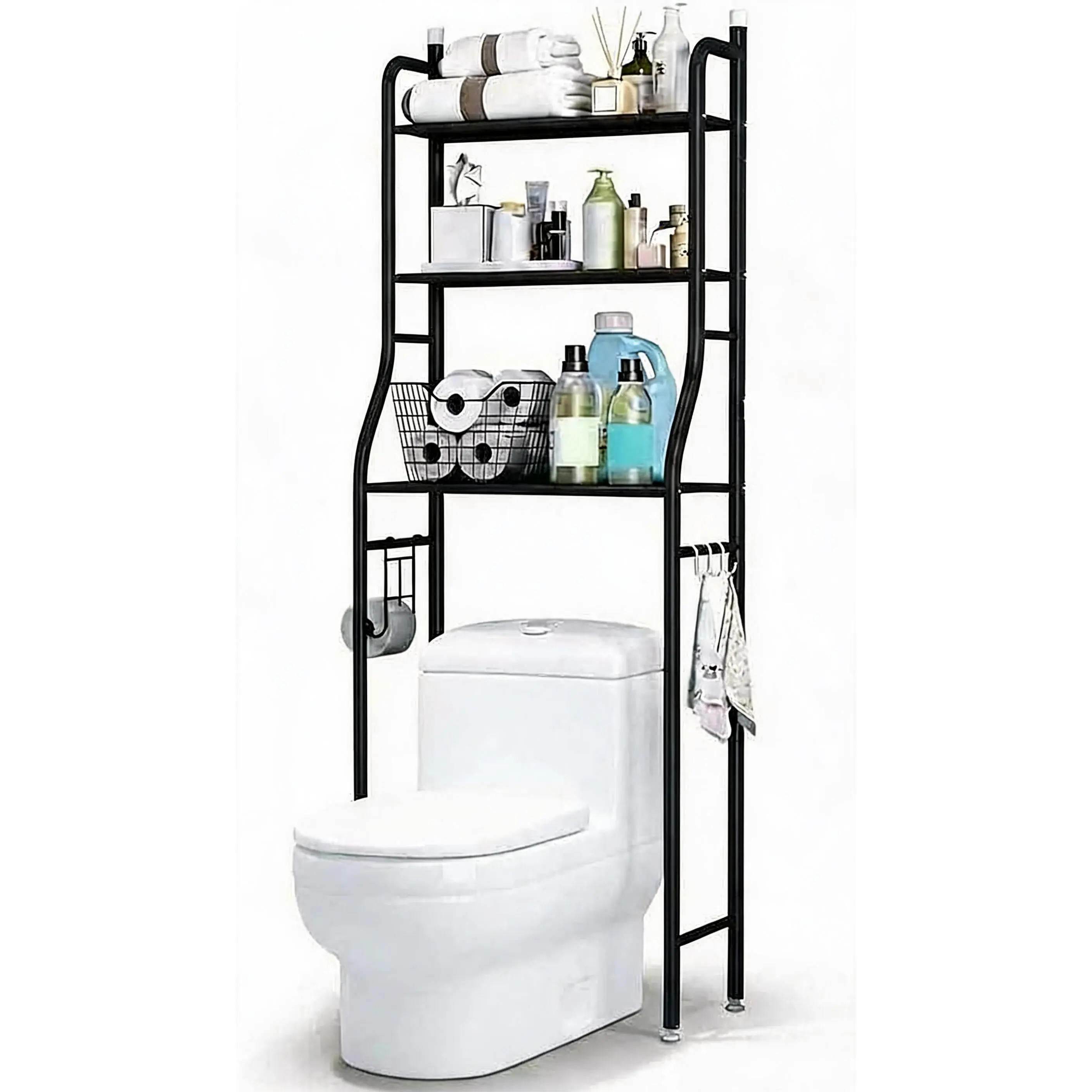 2/3-Tier Over The Toilet Storage Shelf, Space Saving Stainless Steel Bathroom Rack Storage Organizer with Towel Hooks & Toilet Paper Holder for Bathroom, Restroom, Laundry