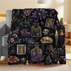 Mystical Witchy Skull Tarot Card Floral Art Print Cooling Flannel Blanket - Dark, Celestial Gothic, Decorative Cover - Soft Cozy for Bedroom, Sofa - Perfect Gift for Gothic Witchcraft Spiritual Fans, Cooling Blankets, Dark Gothic Blankets