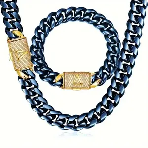 Blue & Gold Miami Cuban Link NecklacePersonalized Fashionable Jewelry | 14mm with Gold Charactor A-Z Diamond Clasp Letter | Industrial Men's Jewelry for Goth/Punk/Hip Hop, Edgy Gift Trendy and Stylish Accessory for Daily Wear and Gifts