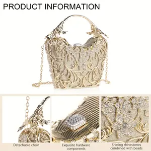 Handmade rhinestone clutch bag - Women's luxury floral evening bag, elegant dinner handbag, adorned with sparkling rhinestones and a gold metal handle, perfect for weddings, proms, and formal events