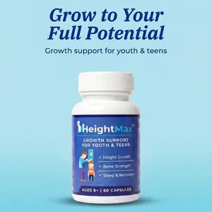 HeightMax Height Growth Supplement for Natural Growth & Development - 60 Capsules with Calcium, D3, Zinc, L-Arginine for Bone Strength