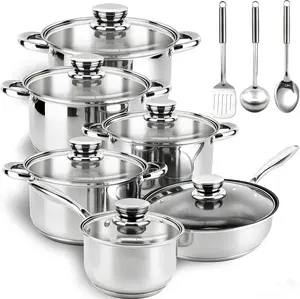 15pcs Stainless Steel Cookware Set (with Stay Cooling Handle),5 Ply Pots and Pans Set with Lids,Full Clad Stainless Steel,Non-Toxic Kitchen Set,Compatible for All Cooktops,Nonstick Pot, Induction & Oven Safe #SummerVibes