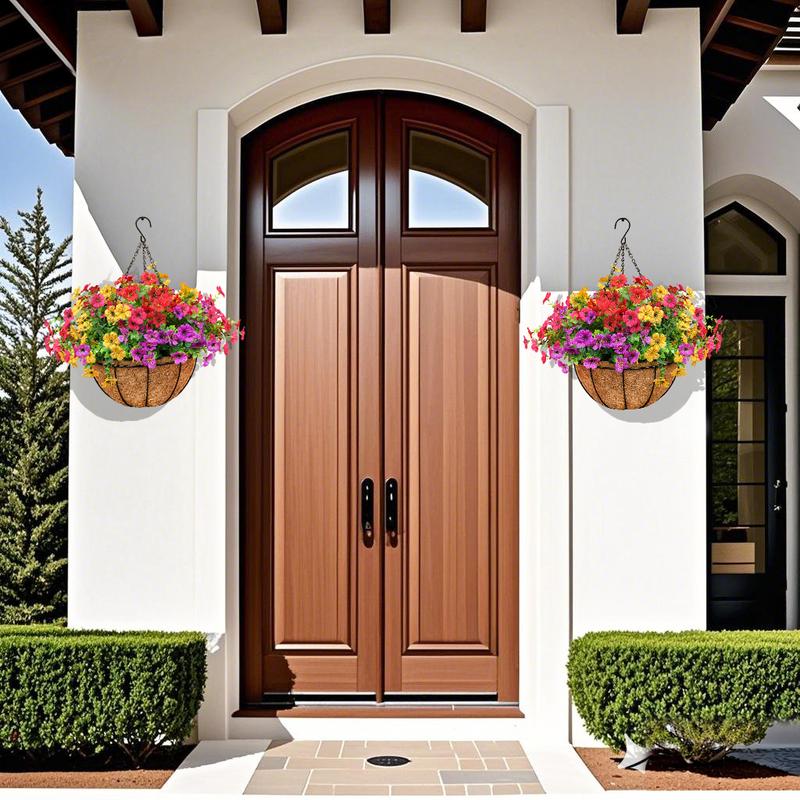 Outdoor Artificial Flowers 2set UV-Resistant Daisy Hanging Baskets Spring & Summer Outdoor Decor Garden, Entrance Hall, Corridor Plastic Flowers Maintenance-Free（ red yellow pink purple））