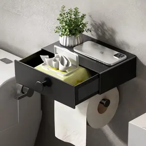 Black Toilet Paper Holder with Shelf, Wipes Dispenser for Bathroom, Upgrade Drawer Design Toilet Tissue Holder with Storage, Adhesive Wall Mount Small Bathroom Storage Shelf