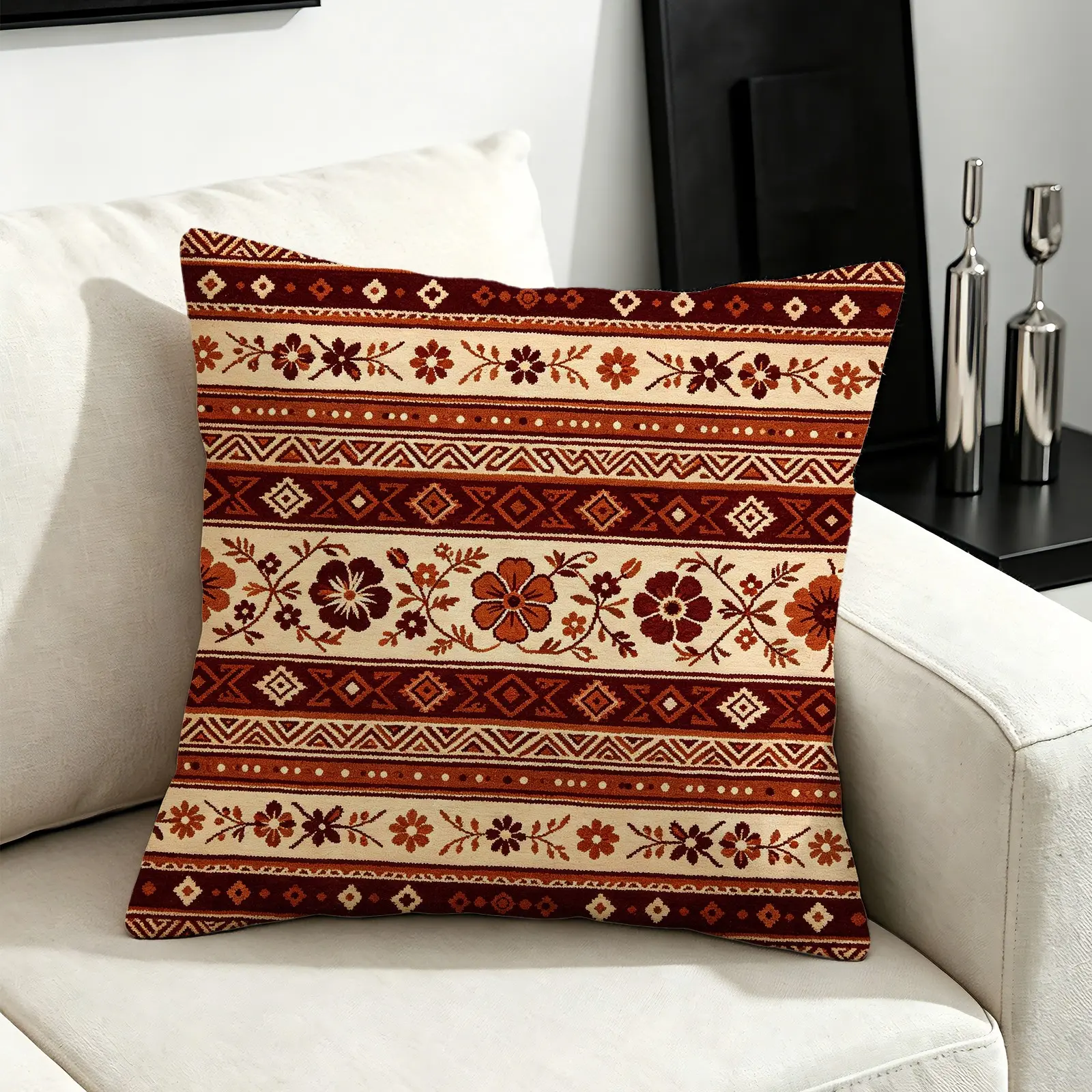 Farmhouse Bohemian Floral Throw Pillow, 45x45cm 1Pcs, Soft Polyester Accent Pillow with Insert, Zipper, Home Decor for Couch Bedroom, Perfect Gift