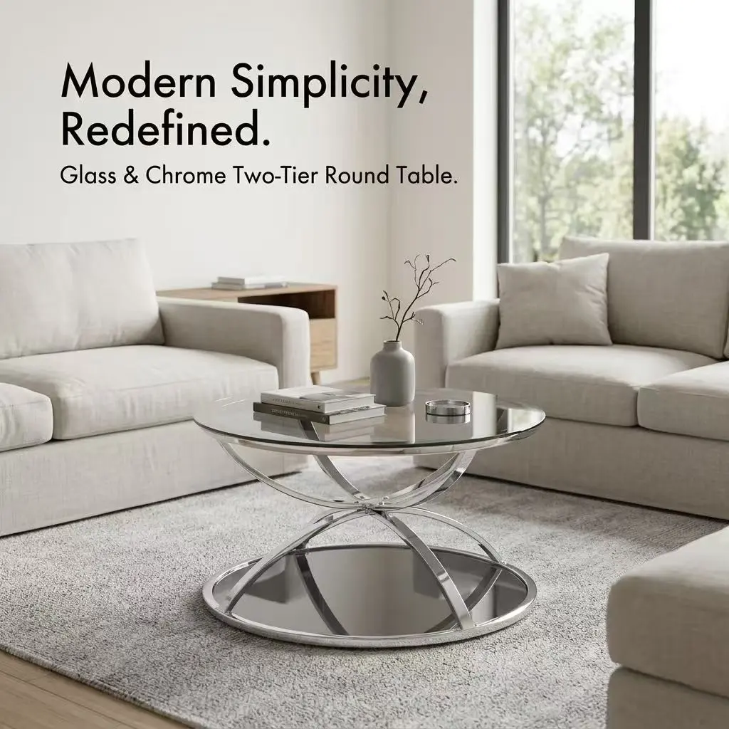 31.5" Round Glass Coffee Table - 2-Tier Tempered Glass Top, Chrome Finish Metal Frame, with Built-in Charging Station, Suitable for Living Room, Bedroom & Office Adjustable Levelers