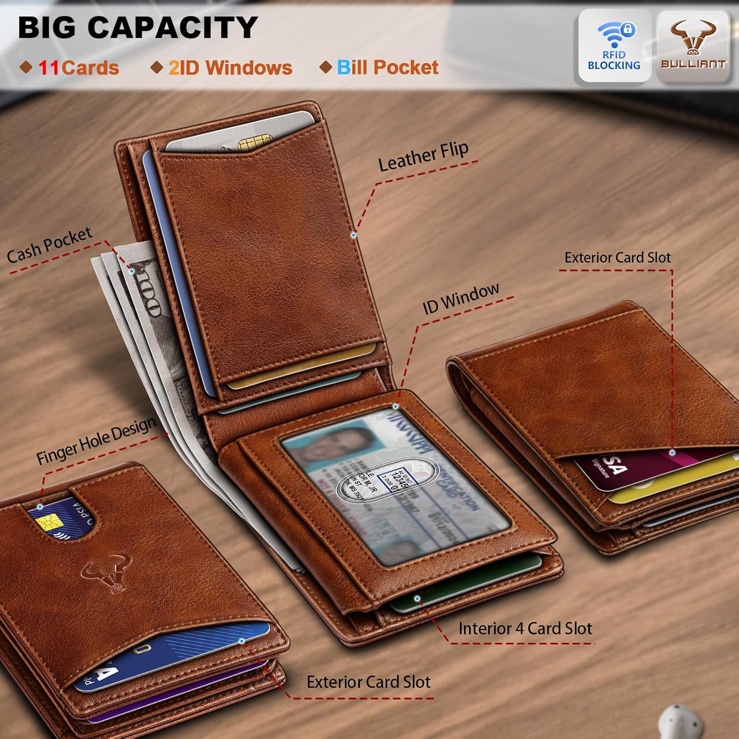 BULLIANT Men's Slim Wallet with RFID Blocking, Leather Bifold Wallet Front Pocket Card Holder with 11 Card Slots, Gift for Men