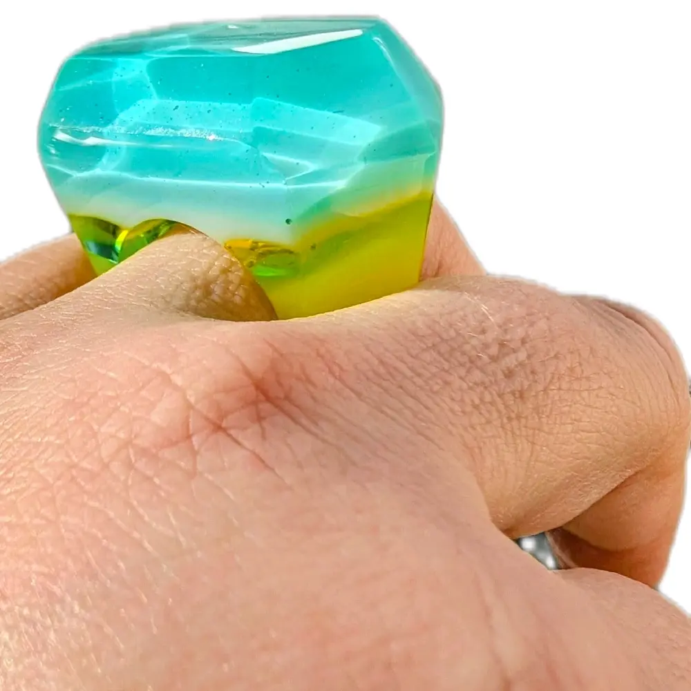 Candy Randy Hex Gem Statement Unisex Acrylic Ring Size USA 8 EU 18 Handmade with Natural Resin Inclusions Unique Design for Unique Jewelry Lovers