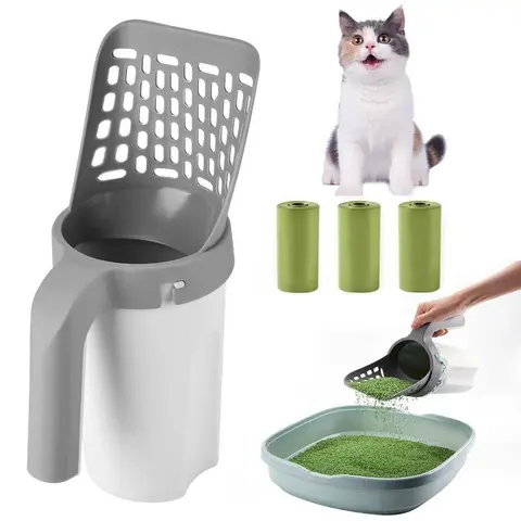 2 in 1 PP Plastic Cat Litter Scooper with Holder - Better Than Traditional Cleaning, With Handle Pooper Scoopers, 1-Hand Operation, Fast Rinse Clean, Large Capacity Portable Shovel, 45 Refill Bags (3 Boxes of 15), Convenient Daily Cleaning Pet Supplies