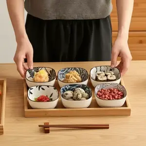 Japanese Retro Ceramic Sauce Dishes Set (6 Pieces), Small Snack Plates, Nine-Piece Grid Hot Pot Condiment Bowls, Home Dining Utensils, Dinnerware Sets