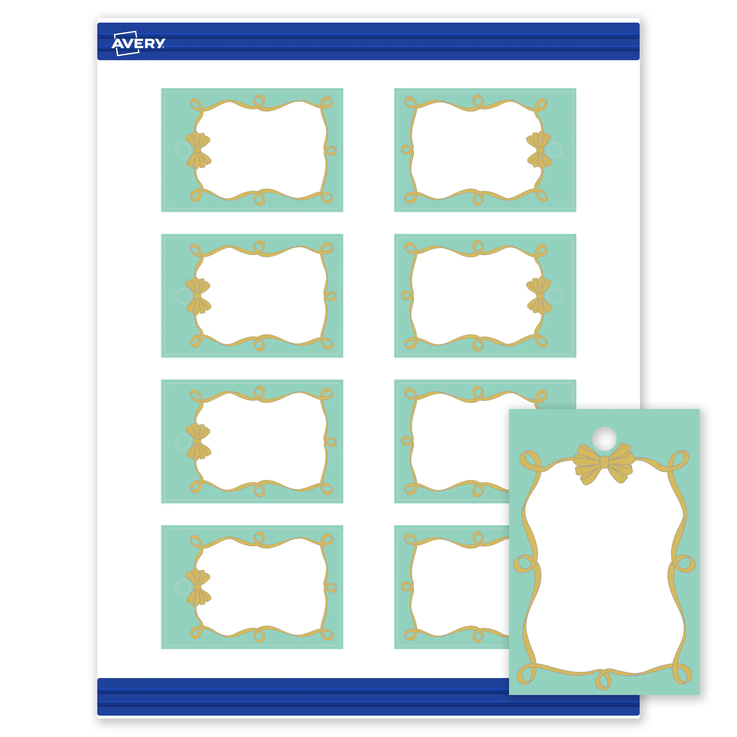 Avery® Printable Rectangle Tags, 2" x 3", Matte White, Sure Feed® Technology, Pre-printed Mint Border, Gold Bow Design Great for Weddings, Laser & Inkjet Compatible, 160 Total