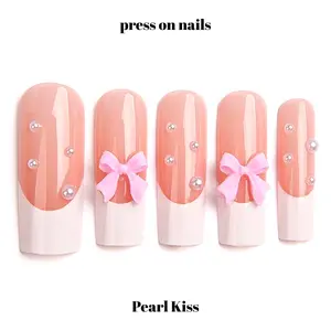 3D Bow Pearl French Tip Long Coffin Press On Nails – 24 pcs Fake Nails, Kit with Jelly Glue & File, Glossy Finish, Glam Nails for Summer & Baddie Looks