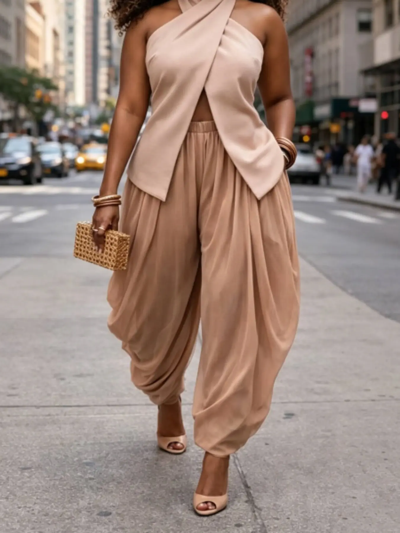 Summer New Nude Chiffon Asymmetrical High Waist Elastic Waist Design Flowy Slimming Flower Bud Pants, Wideleg Pants, Wide Leg Trousers, Trendy Women's Fashion Bottom, Casual Chic Bottoms