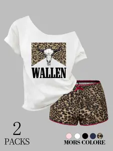 Women's Streetwear Leopard 2-Piece Set, Wallen Bull Print T-Shirt & Leopard Shorts, Edgy Look, Casual Fitted Tee, All Seasons