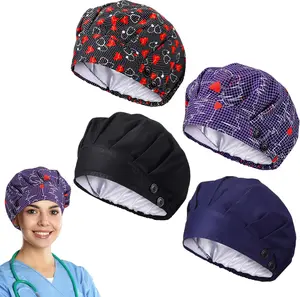 4 Pcs Bouffant Scrub Cap with Buttons Sweatband Adjustable Satin Lined Nurse Working Caps for Christmas Women Gifts