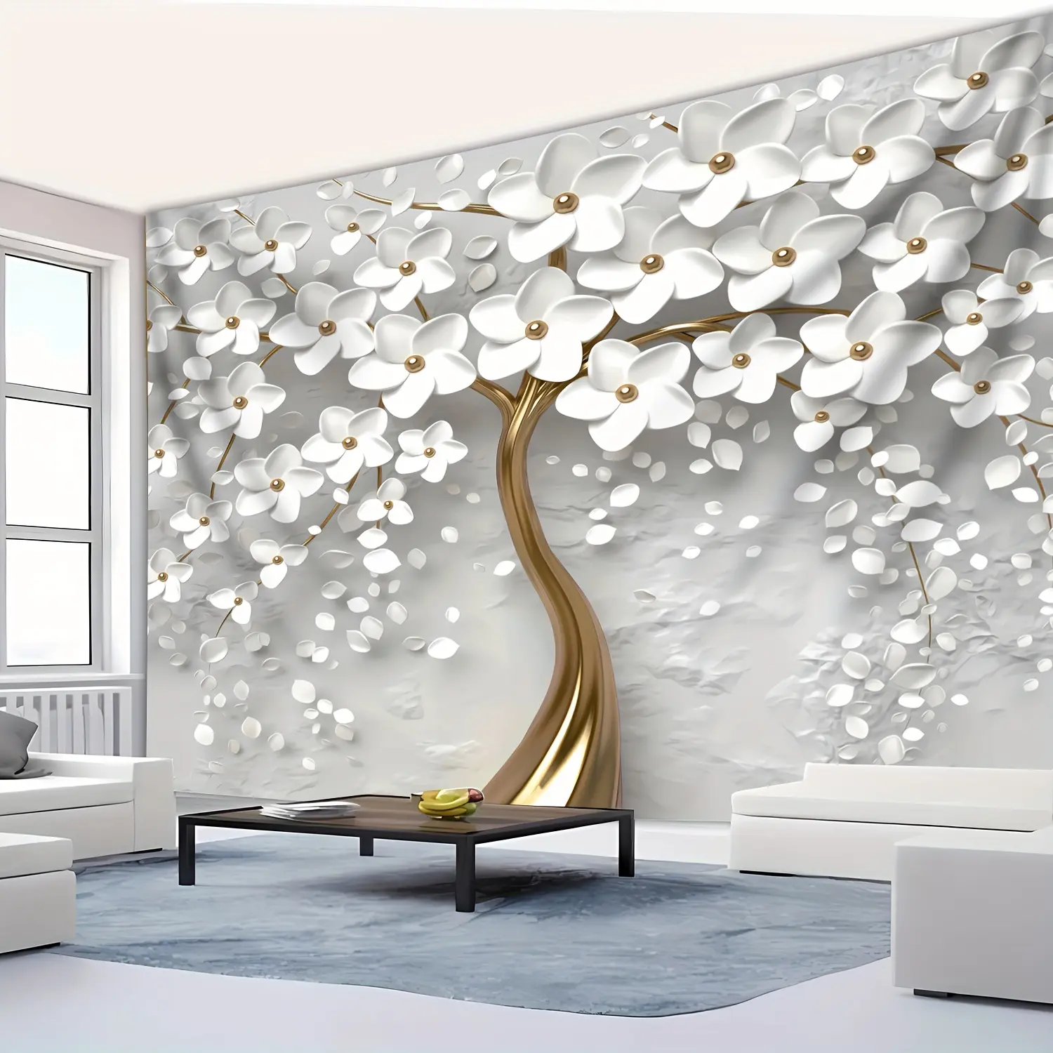 1 Sheet, Large 3D White Tree of Life Floral Tapestry, Polyester Wall Hanging, for Living Room, Bedroom, Office, Family Room, Party, Stream Background, No Installation Required, Horizontal, Woven