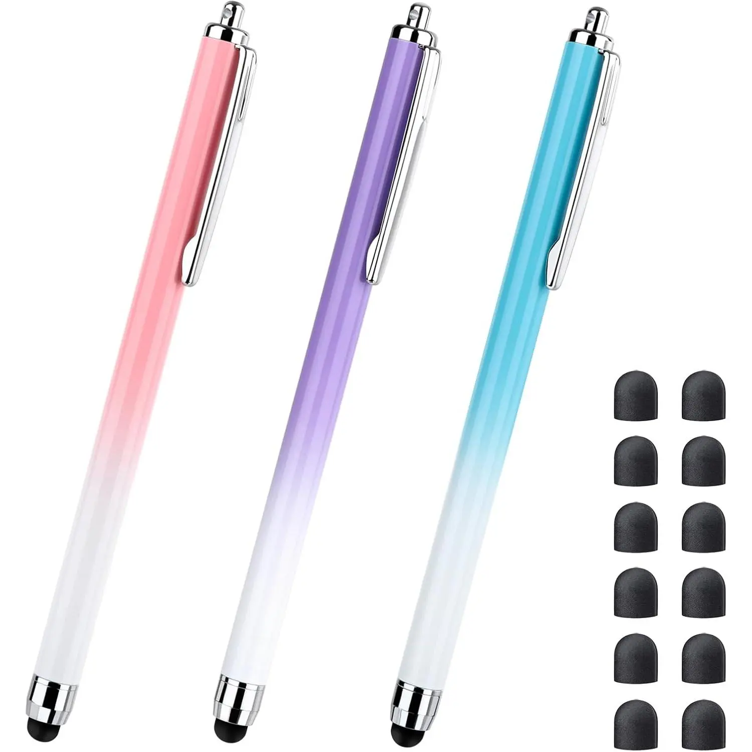 Stylus for Touch Screen, 3 count Stylus Pens and 12 Extra Replaceable Rubber Tips (Gradient /Purple/Blue)