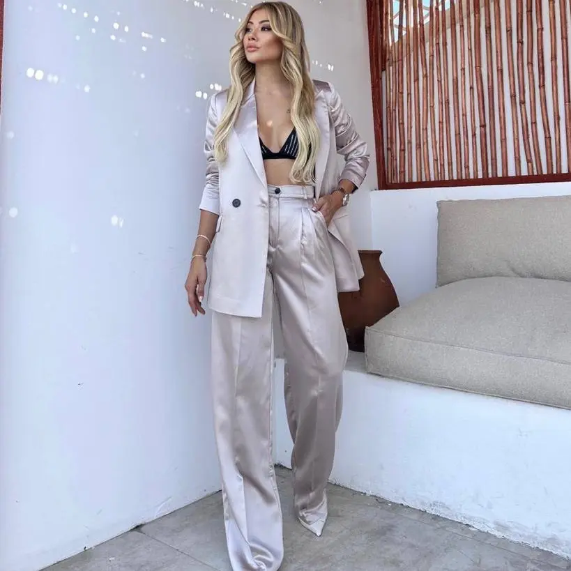 Satin 2 Piece Set. Blazer & Straight Pants. Women’s Satin Blazer & High Waisted Pants, Valentine’s Day Outfit, Dating Outfit, Dinner Outfit matching  sets