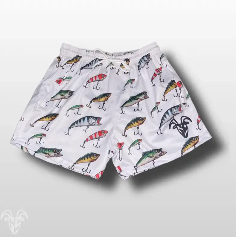 Goat Strength Fishing Lure Mesh Gym Shorts, 5 Inch Inseam Athletic Shorts for Men, Lightweight Fishing Theme Workout & Casual Sports Shorts